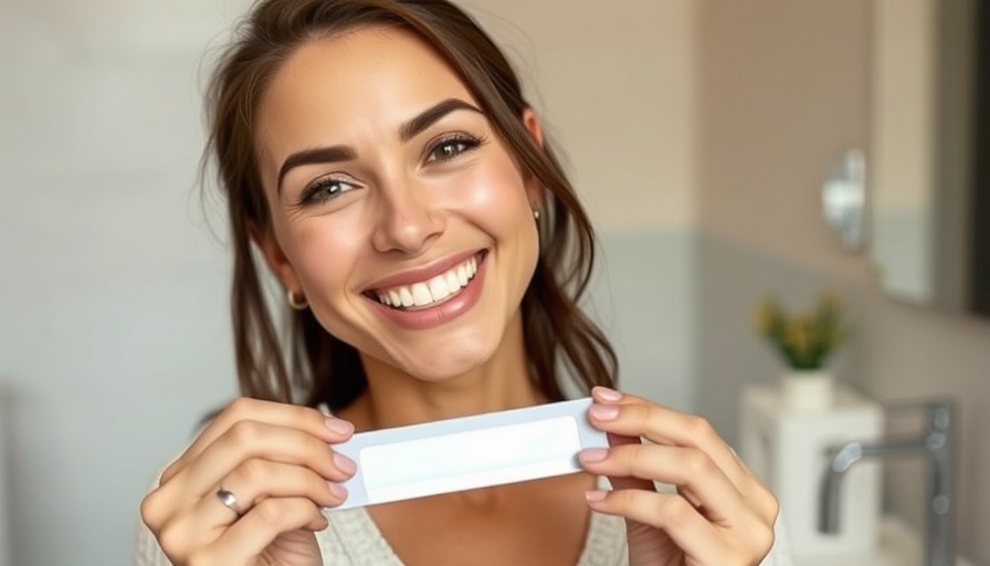 Teeth whitening transformation, woman smiling with teeth strip.