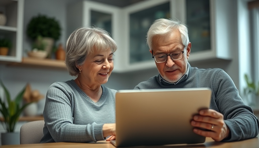 Elderly man and supportive woman using laptop in kitchen, discussing buying life insurance mistakes.