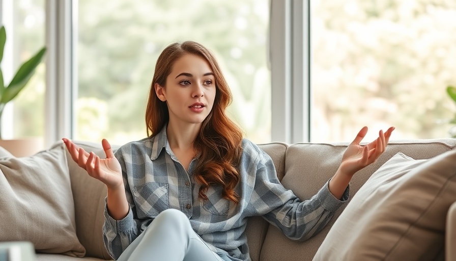 Young woman discusses home renovation, seated indoors with a window view.