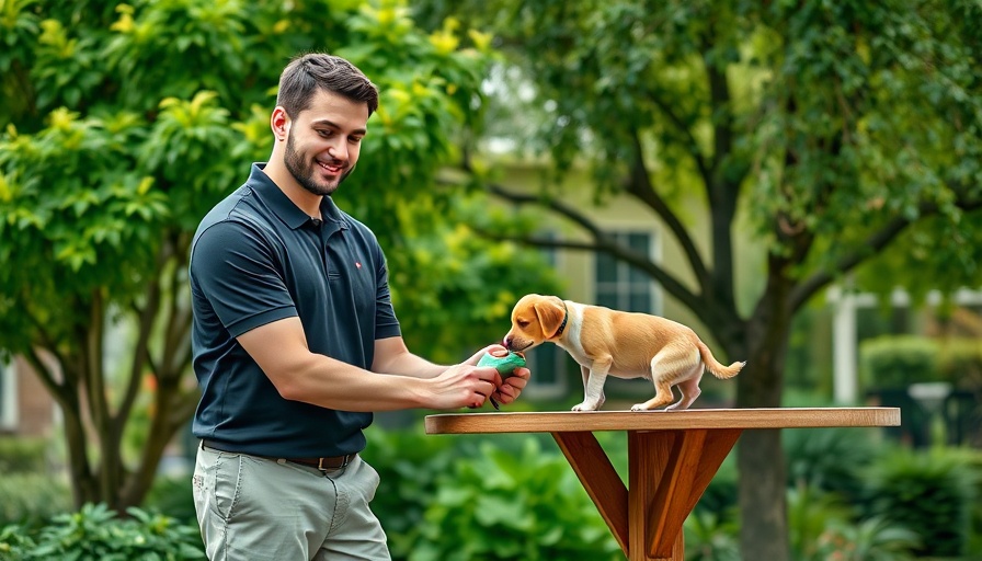 Man using treat pouch for pet training in a garden
