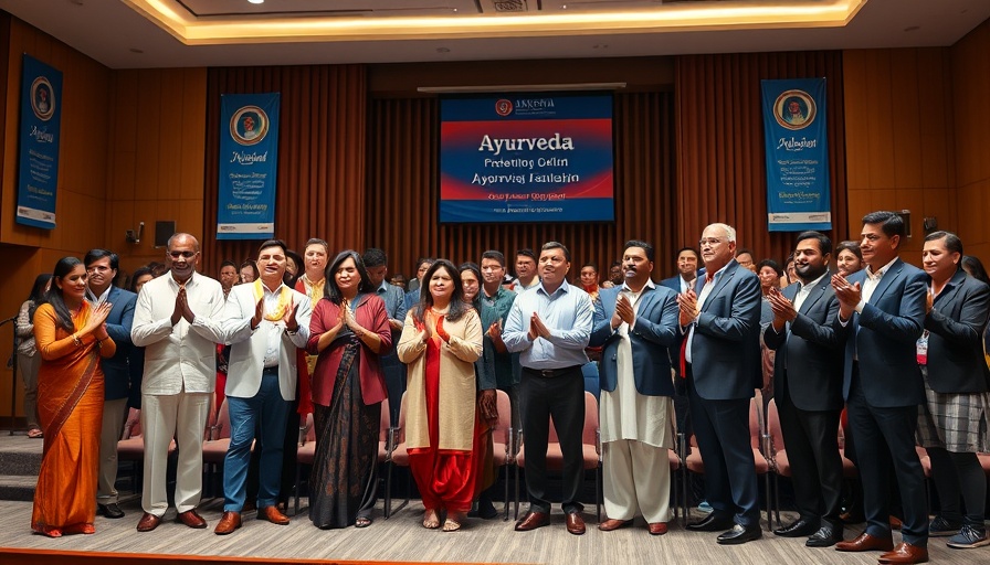 Event celebrating Ayurveda in a formal auditorium setting.