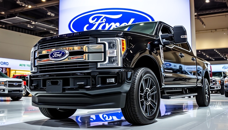 Ford Super Duty truck at auto show, Ford recalls steering defect backdrop.