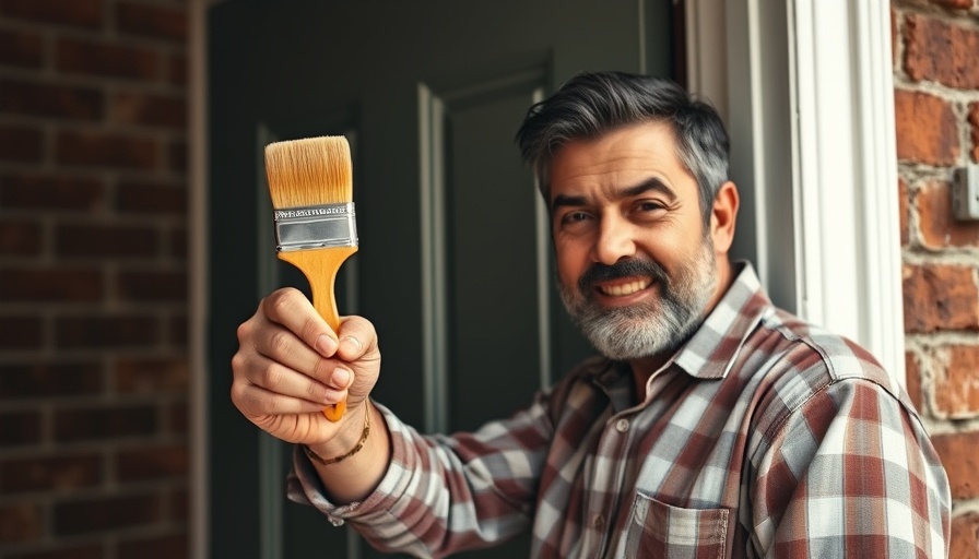 Middle-aged man demonstrating painting technique for perfect front door paint job.