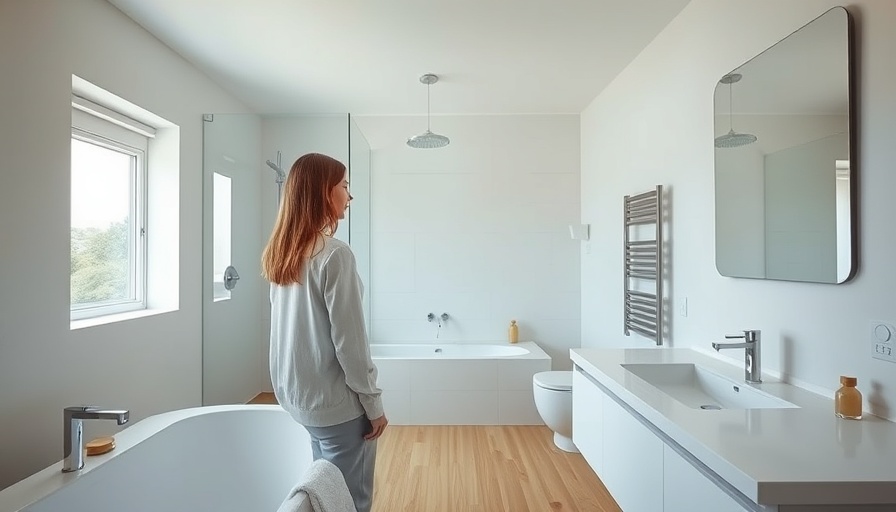 Modern bathroom renovation transformation observed by a woman.