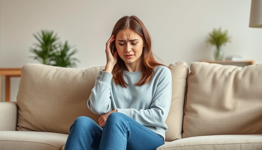 Young woman on sofa experiencing back pain, safer pain relief alternatives.