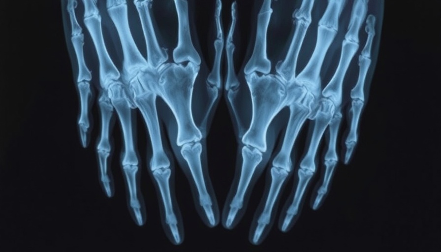 X-ray of hands illustrating microplastics in human bones.