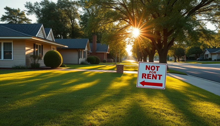 Empty suburban house with not for rent sign in bright sunlight