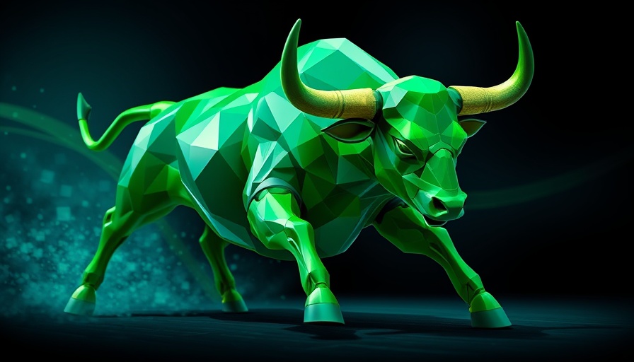 Futuristic green bull charging forward, symbolizing Dow gains 300 points.