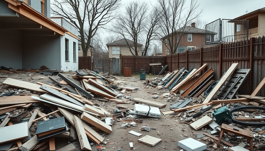 House flipping challenges highlighted by cluttered construction site.