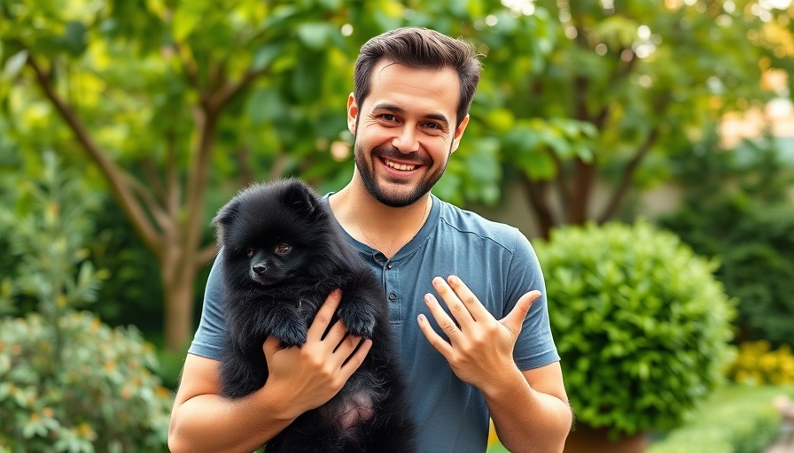 Confident man with mini Pomeranian in lush garden scene.