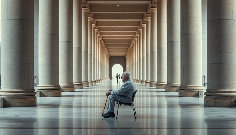 Solitary elder with cane in corridor representing financial abuse of seniors.