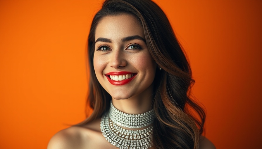Elegant jewelry enhances woman's radiant look, smiling with diamond choker.