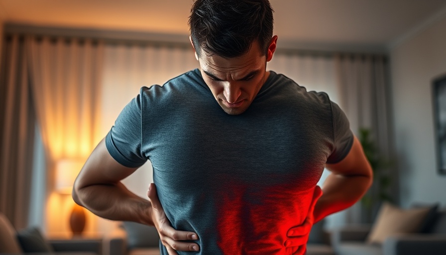 Man experiencing persistent back pain in a soft-lit living room.