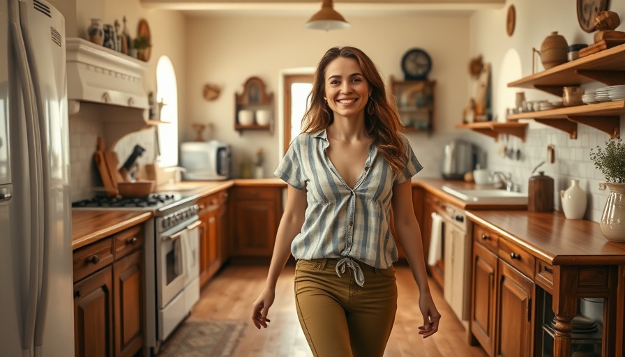 Contemporary woman walking in a vintage Spanish kitchen, house flipping.