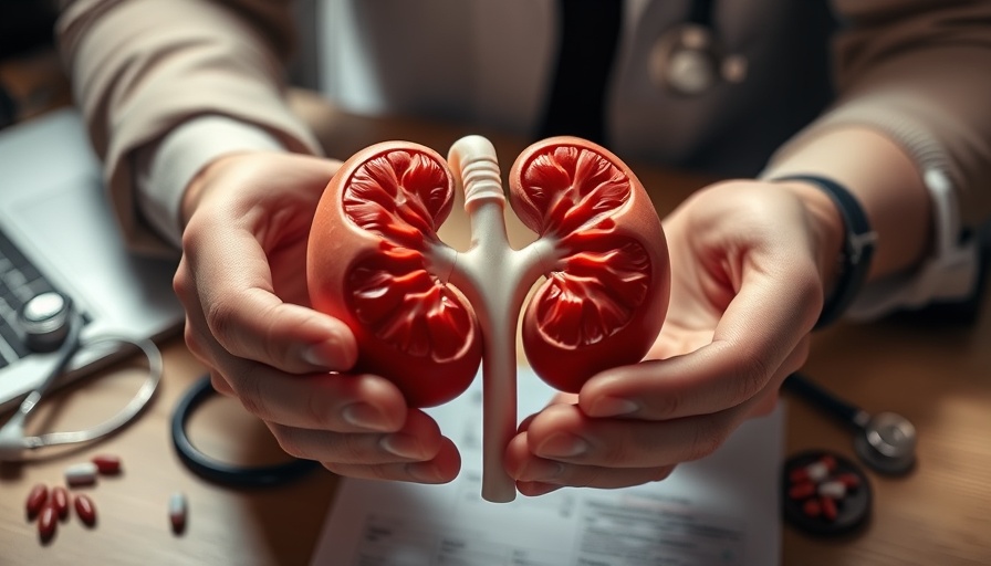 Kidney model in hands, medical tools nearby, illustrating stem cell therapies for end-stage kidney disease.