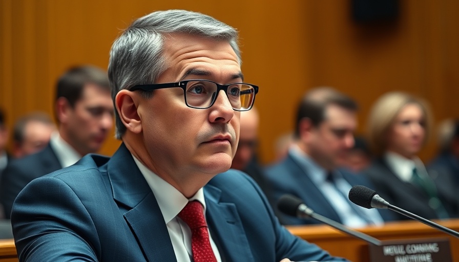 Focused speaker at a public hearing in a blue suit.