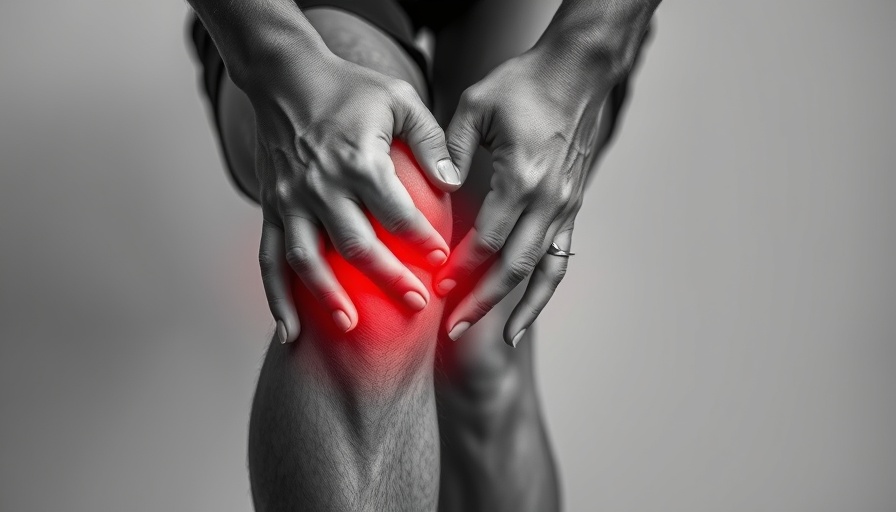 Close-up of hands holding knee with red pain highlight.