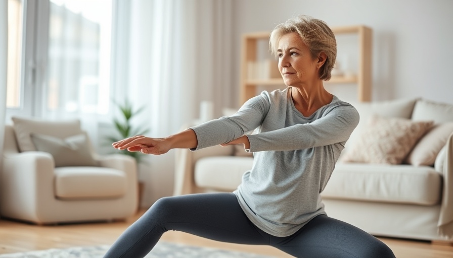 Middle-aged woman lunging on yoga mat indoors; stretches for back pain relief in cyclists.