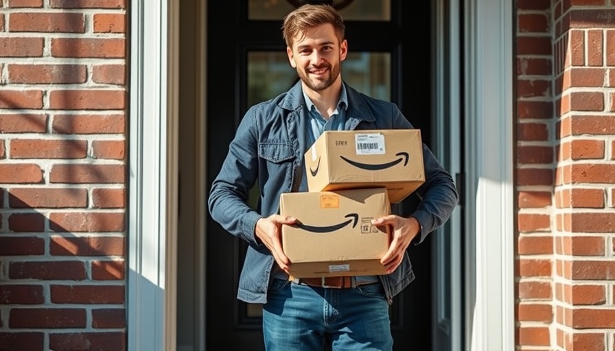 Man holding Amazon packages at a doorstep.
