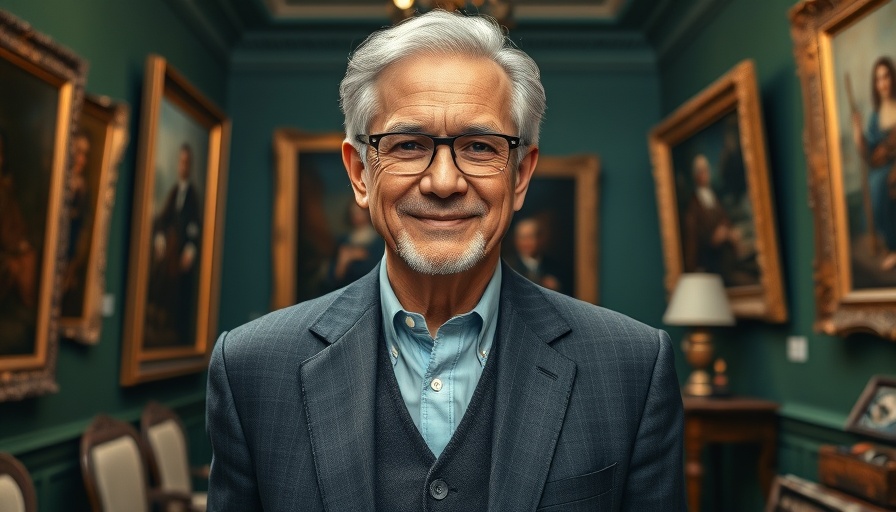 Older man in art-filled room at retirement investment firm.