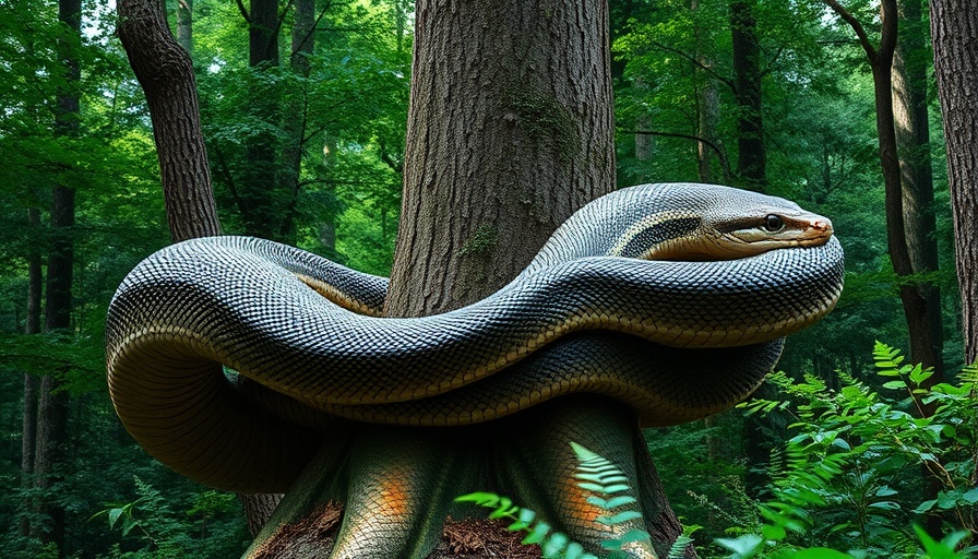 Large snake coiled around a tree in a dense jungle setting.