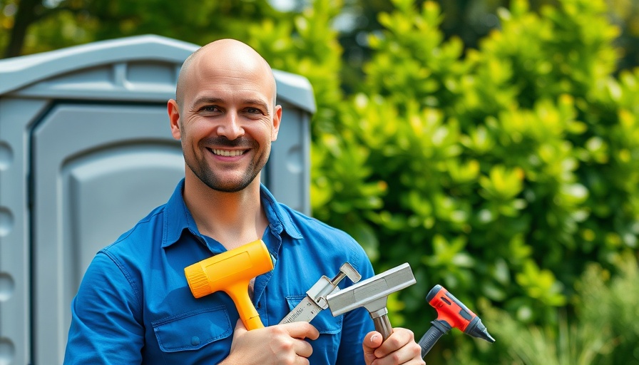 Man with home improvement tools smiling outdoors.
