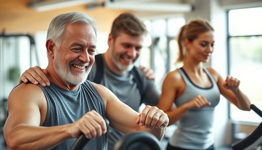 Older man in seniors fitness program with a support trainer.