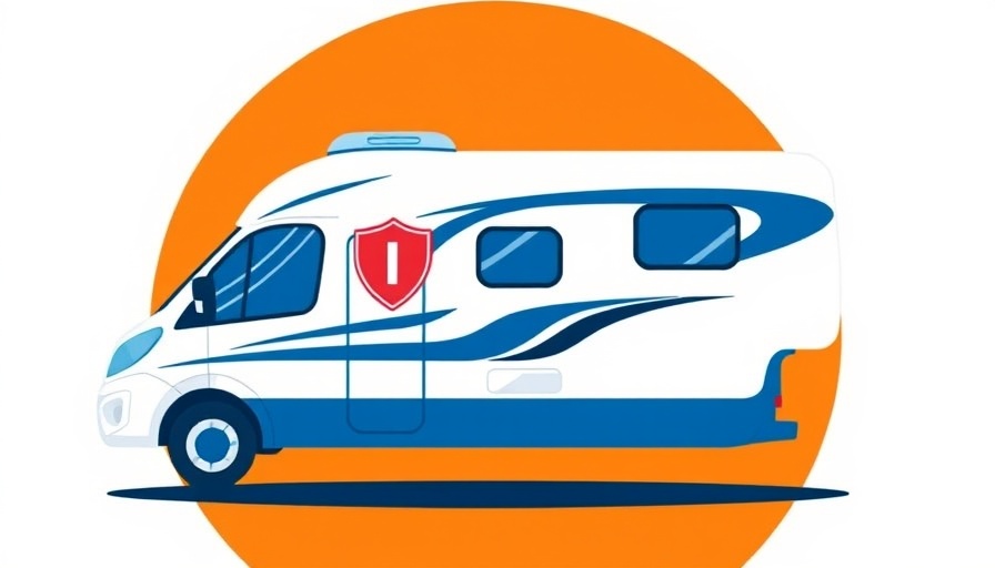 Modern RV illustration with insurance badge on orange background, Best RV Insurance Companies.
