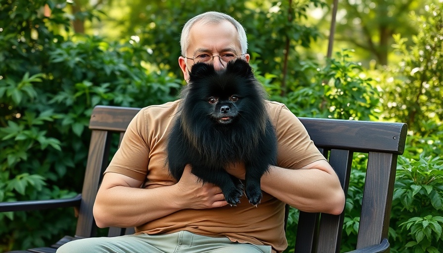 Middle-aged man holding a black Pomeranian on a wooden bench outdoors.