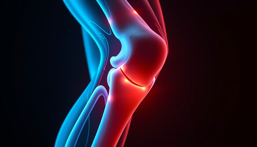 Illustration of knee with glowing light symbolizing low-dose radiation therapy for arthritis.