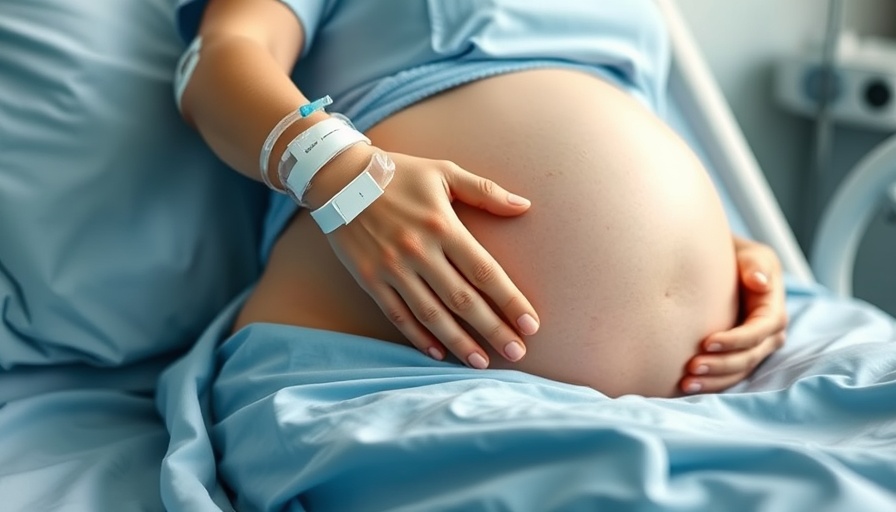 Patient with IV in hospital, focus on belly and hand. Oxytocin and severe postpartum hemorrhage risk.