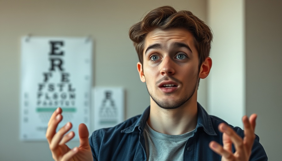 Young man explains dry eye drops in a professional setting.