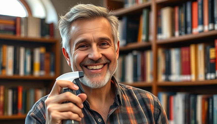 Middle-aged man in library holding spray bottle, discussing natural flea spray for pets.