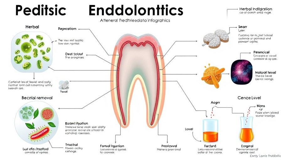 Infographic on pediatric endodontics showing herbal irrigation and chemical interactions.