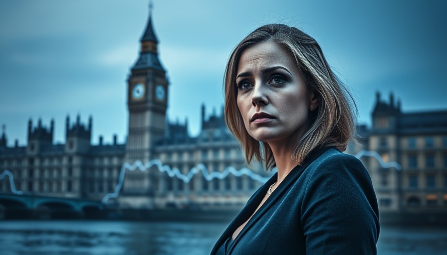 Female figure with UK Parliament and declining graph, the Tories facing oblivion.