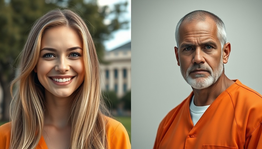 Portrait of smiling woman and serious man in prison outfit.