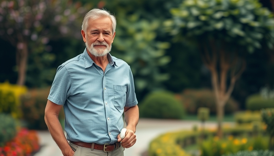 Middle-aged man holding a white cane standing confidently in a garden, relating to preventable blindness.