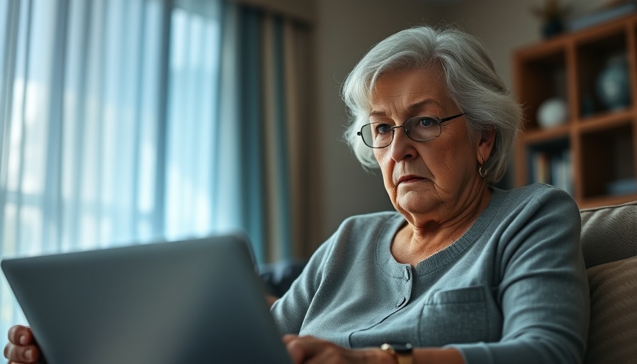 Concerned elderly woman facing laptop in blue-lit room, government shutdown context.