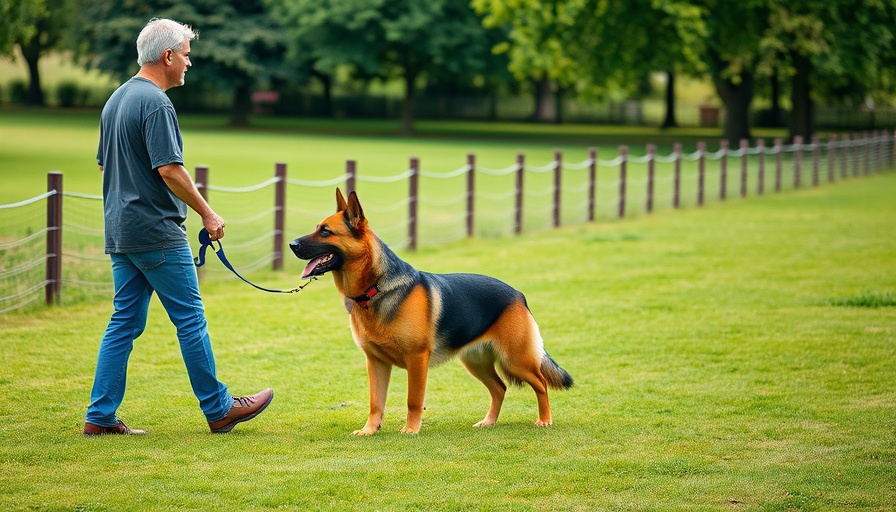 Man walks with German shepherd during E-Collar dog training in a park.