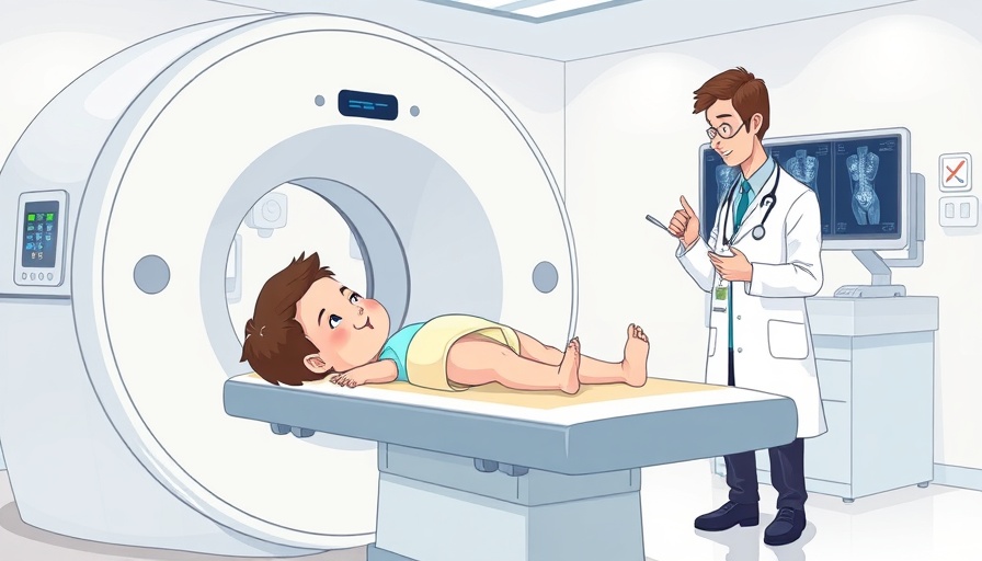 Child undergoing CT scan with doctor in hospital, cartoon style.