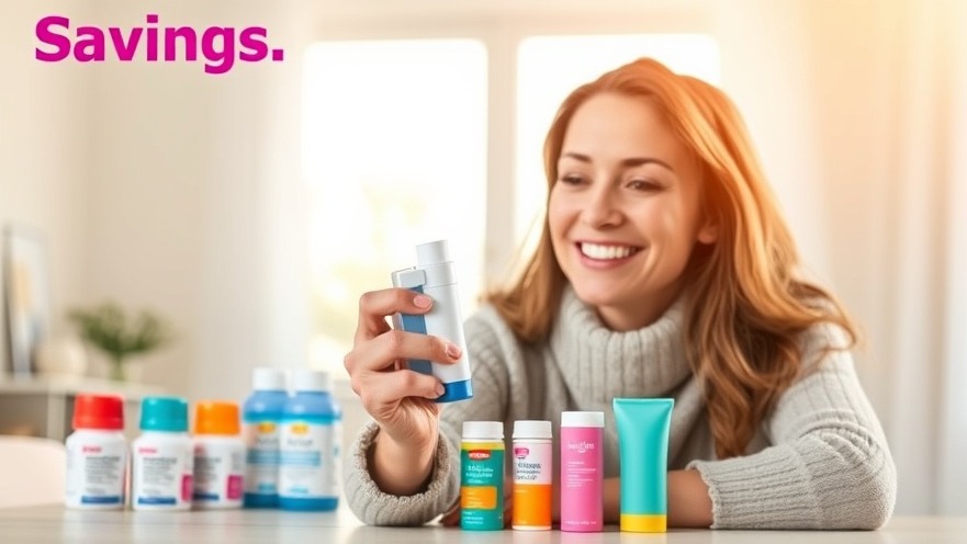Smiling woman holding an inhaler in a bright room, symbolizing healthcare affordability.