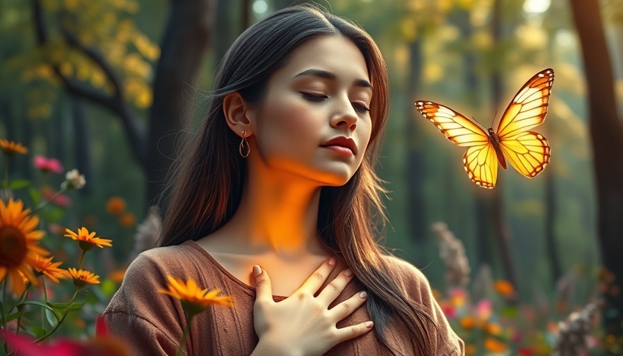 Young woman in transformative faith journey, meditating in a colorful forest.
