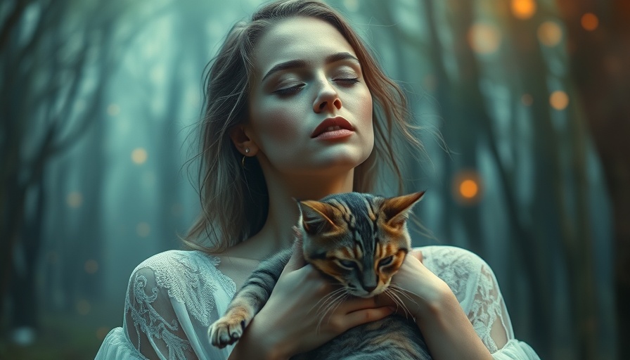Artistic depiction of grief and comfort with a pet in a mystical forest setting.