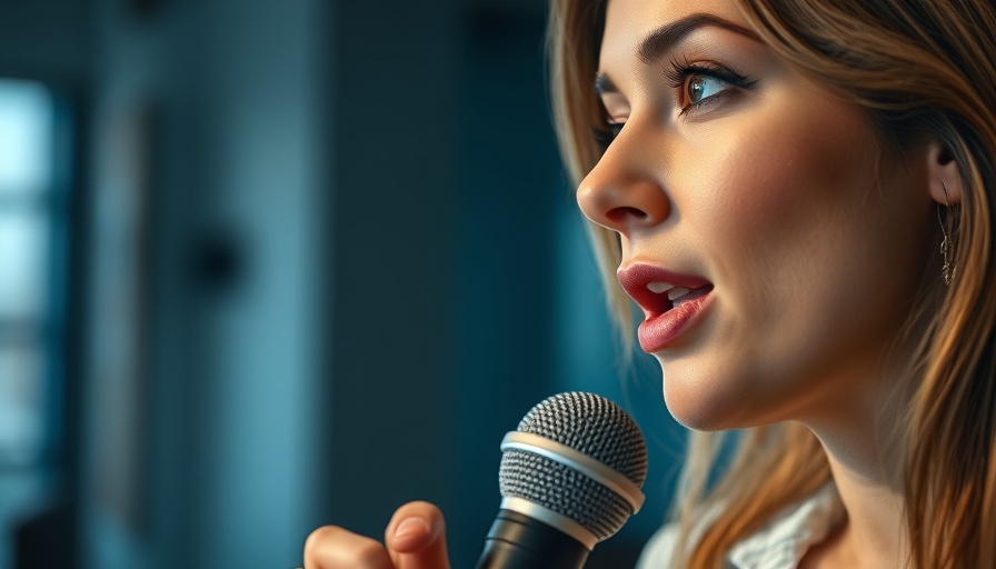 Expressive woman speaking into microphone indoors, Healing Through Movement theme.