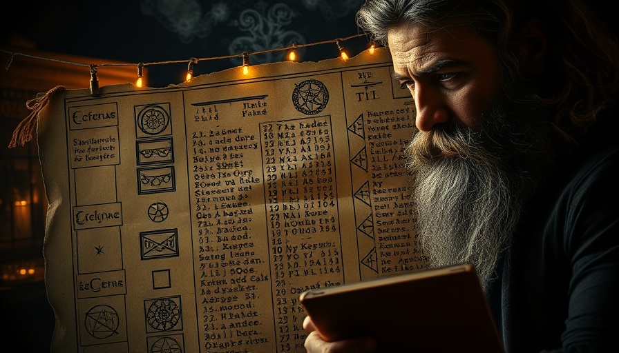 Mysterious scroll with symbols and a bearded man, exploring Quantum Map.