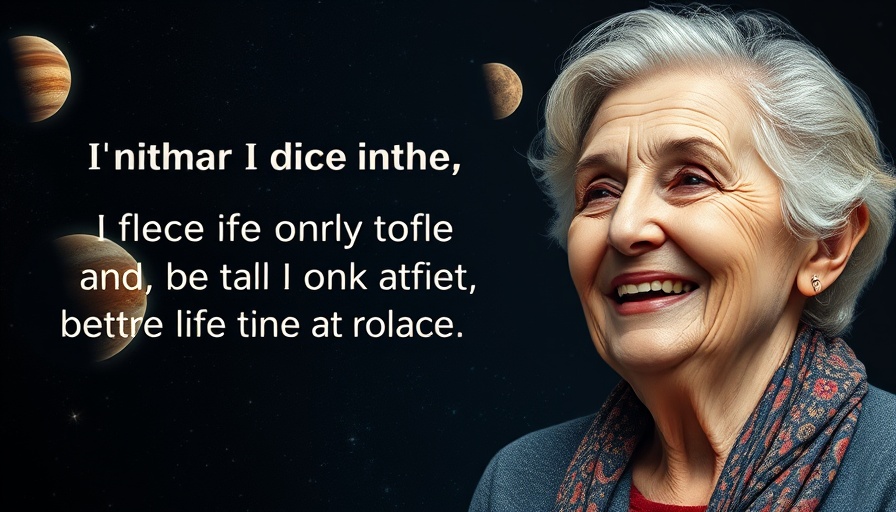 Inspirational quote and smiling woman with cosmic background.