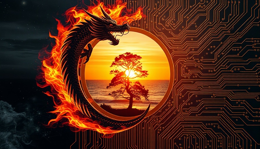 Surreal collage with fiery circle, sunset tree, digital circuit board.