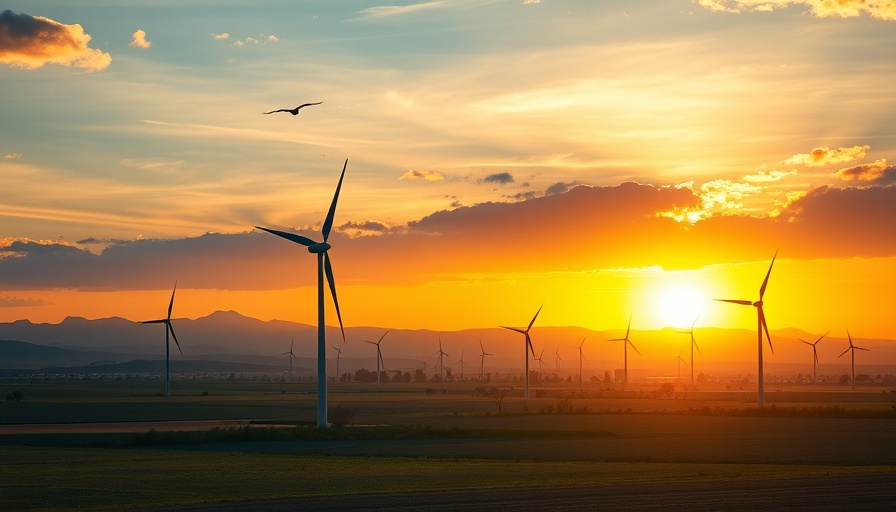 Wind turbines in rural landscape at sunset with birds, illustrating climate tech.
