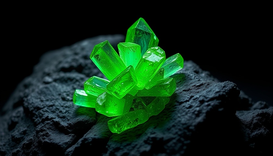 Green mineral crystal in rock, illustrating underground hydrogen concept.
