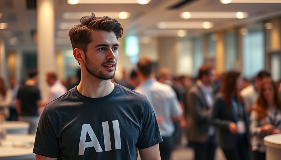 Young man discussing AI topics at tech conference.